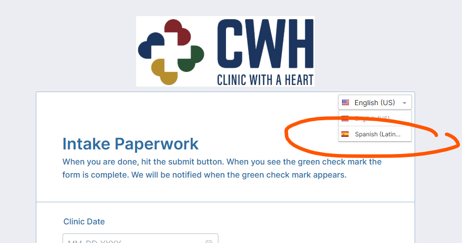 Screenshot of form where you can change the language to Spanish